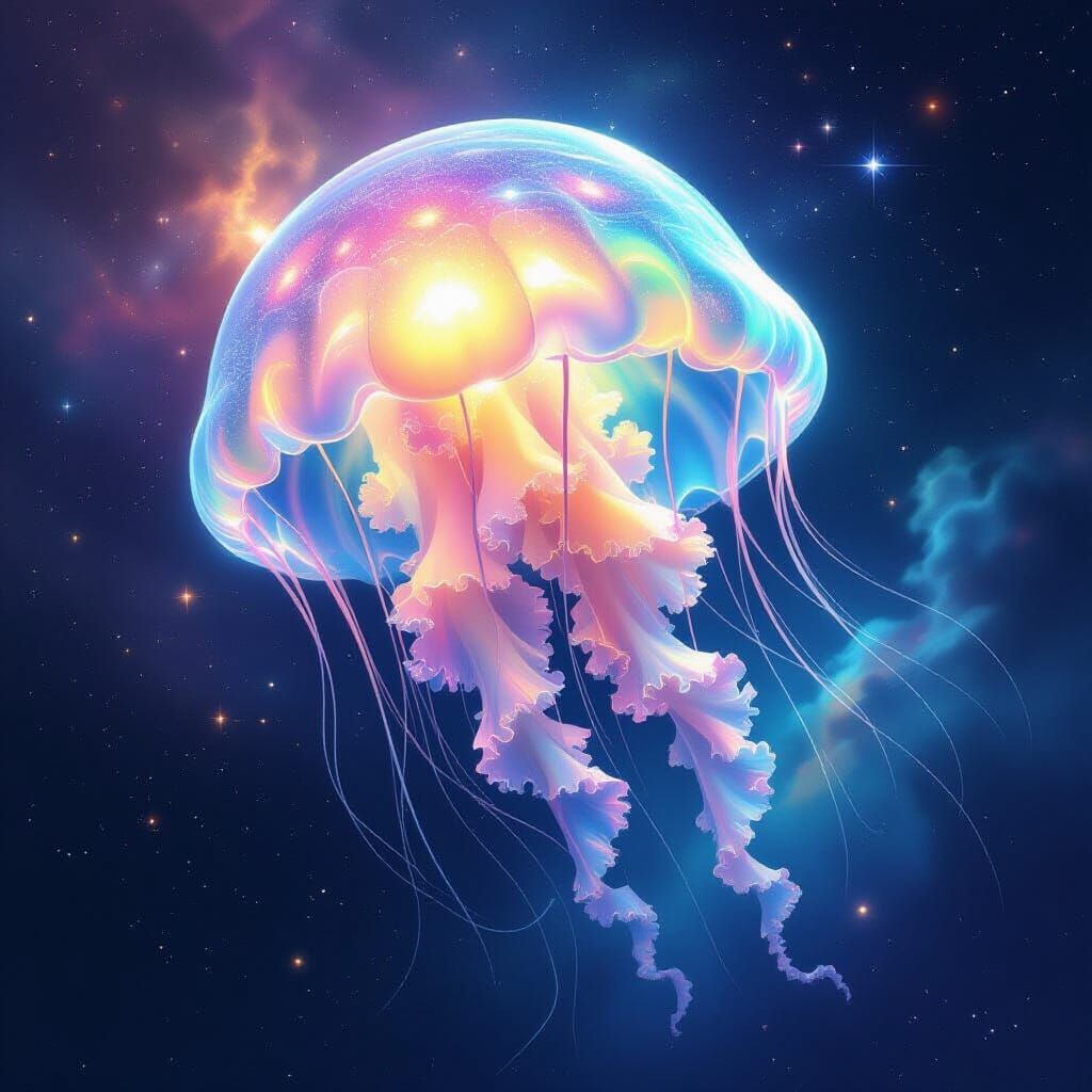 Whimsical Jellyfish Drifting Through Cosmic Nebula