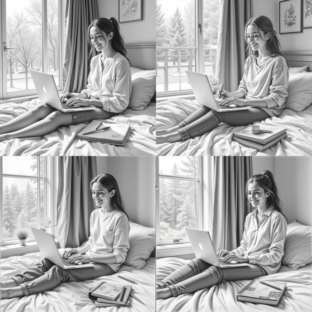 Realistic Graphite Drawing of a Young Woman Creating Digital...