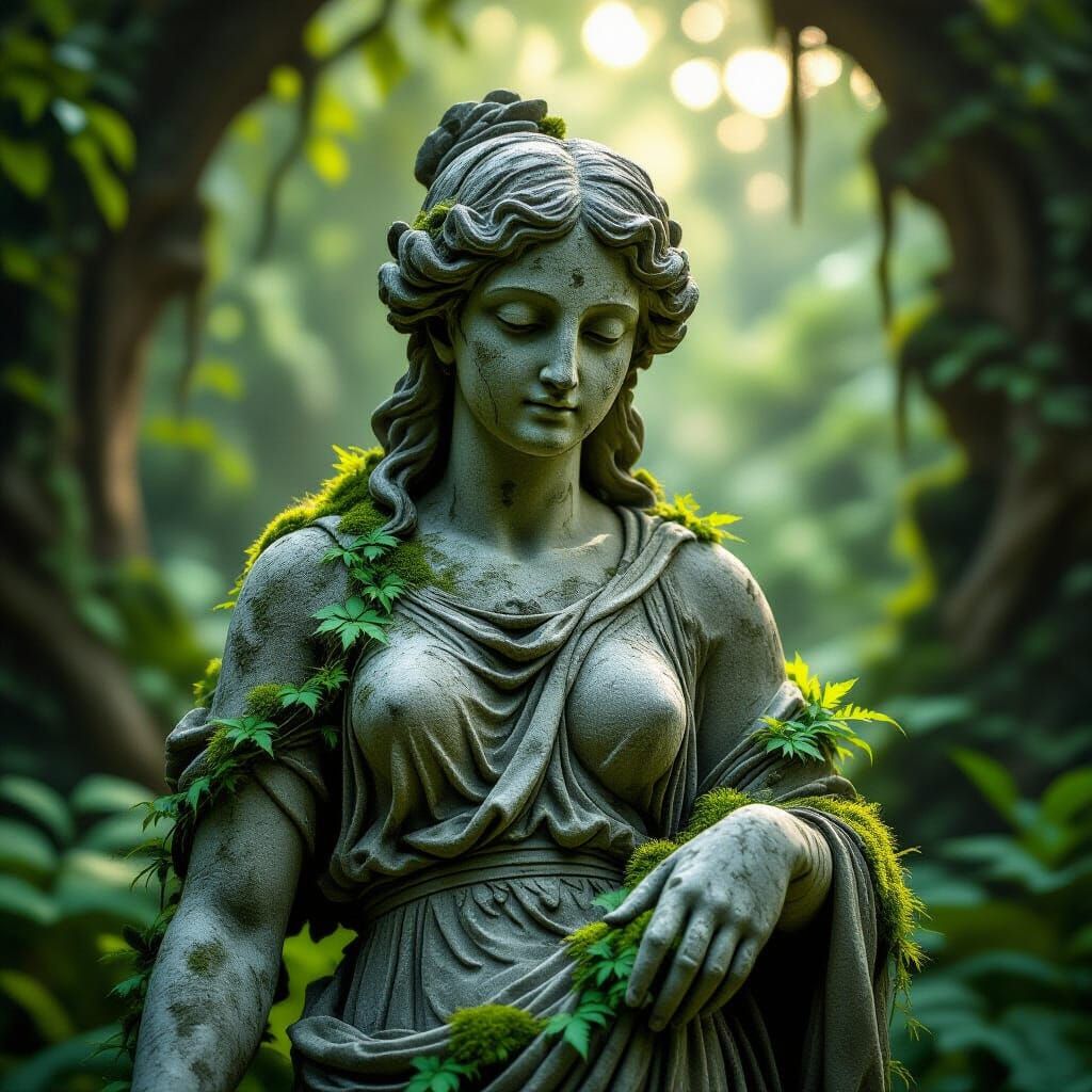 Weathered Statue Reclaimed by Nature's Embrace