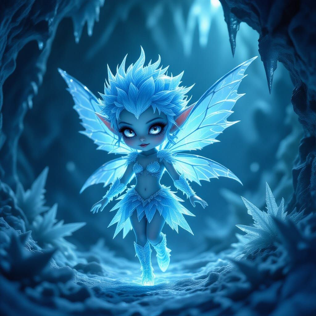 Demonic Blue Pixie of Icy Light in Dark Cavern