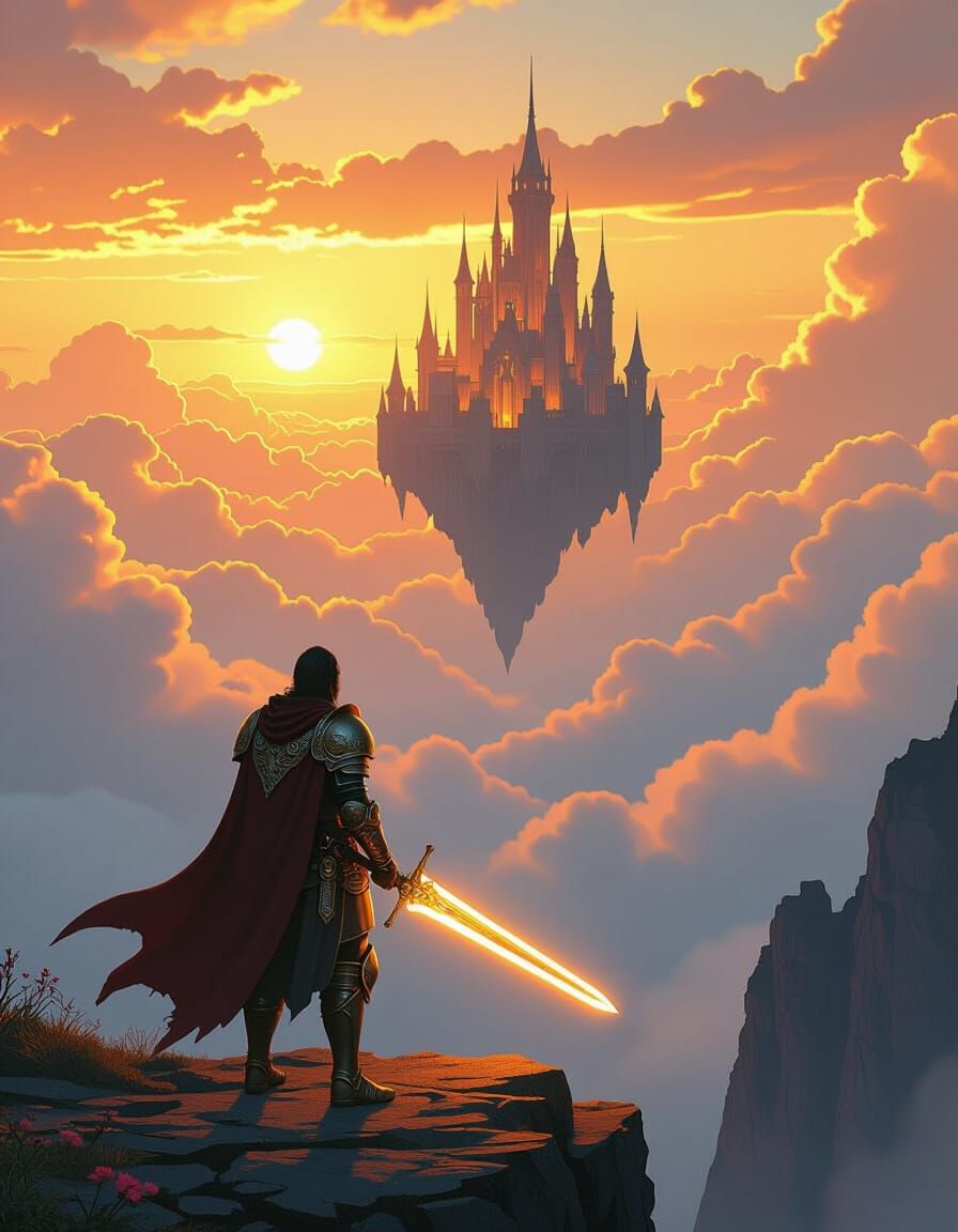 Epic Hero Overlooking Floating Castle in Digital Painting St...