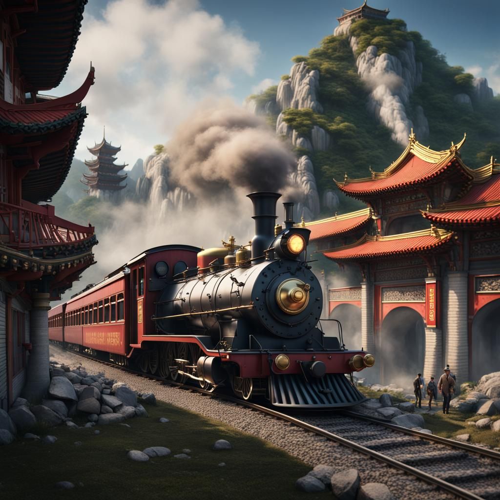 Chinese Steam Train Arriving in Chongqing: Matte Painting