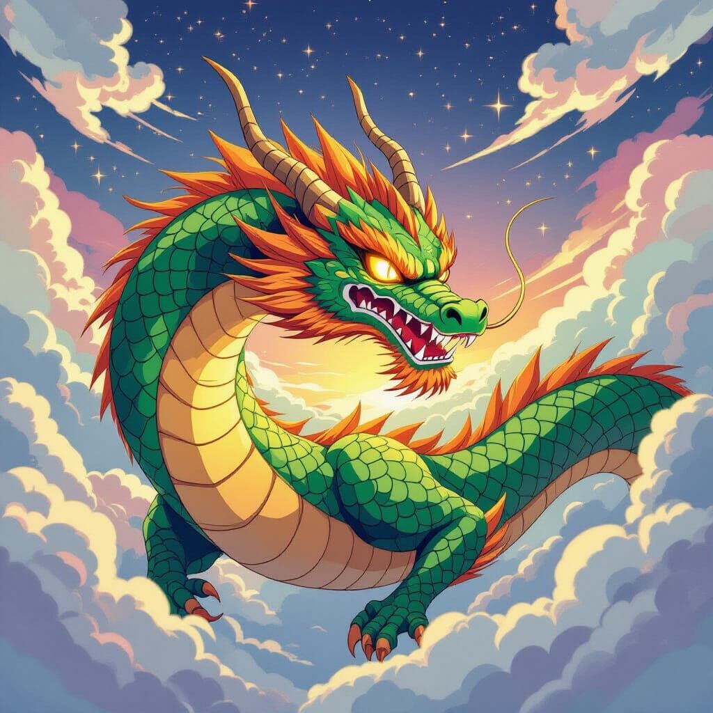 Jade Dragon Soaring Through Mystical Starry Sky in Manga Sty...