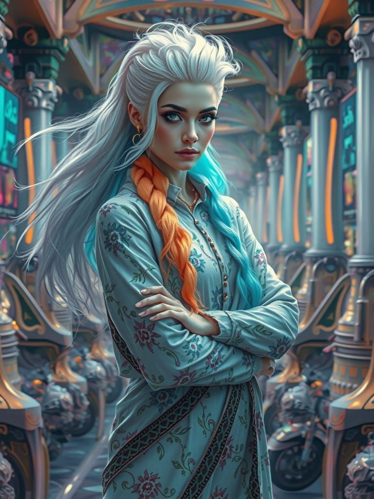 Mysterious Figure with Electric White Hair in Vibrant Veil