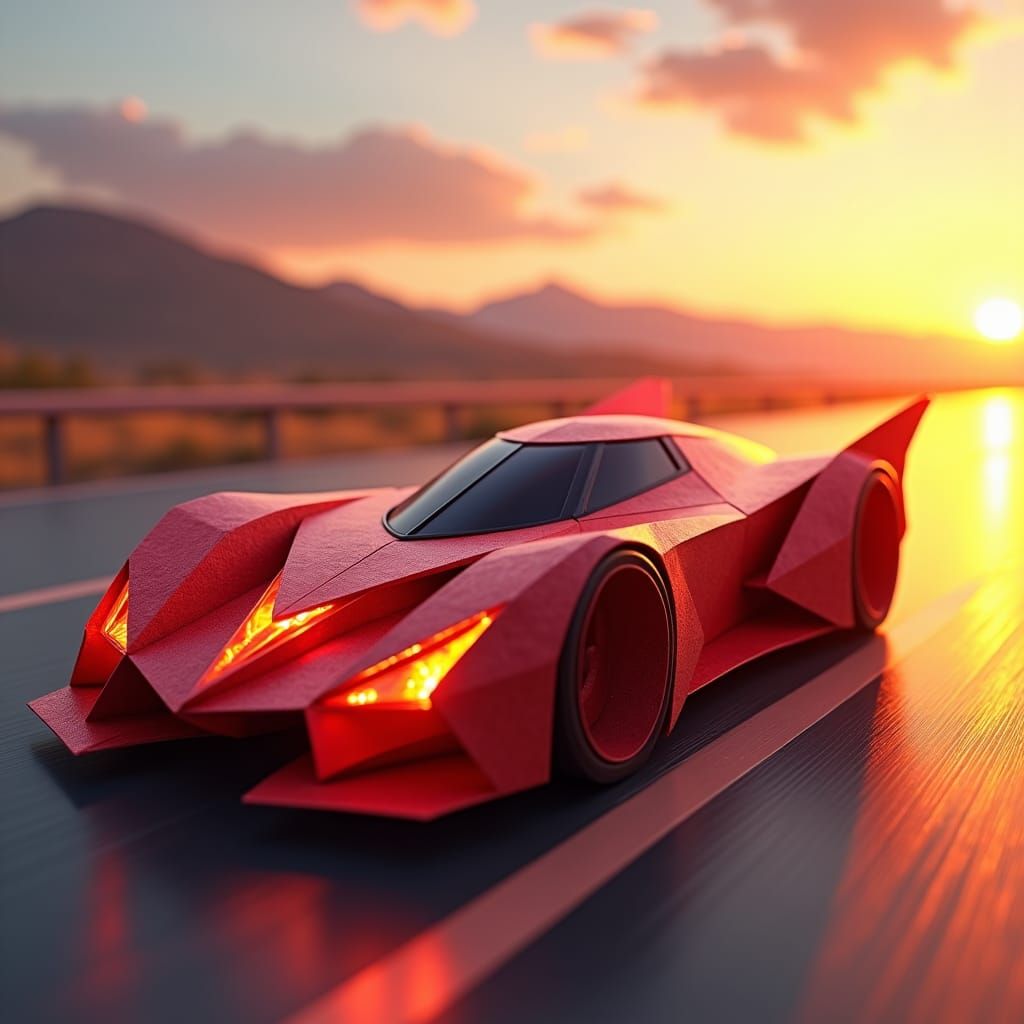 Crimson Supercar on Solar Highway as Papercraft