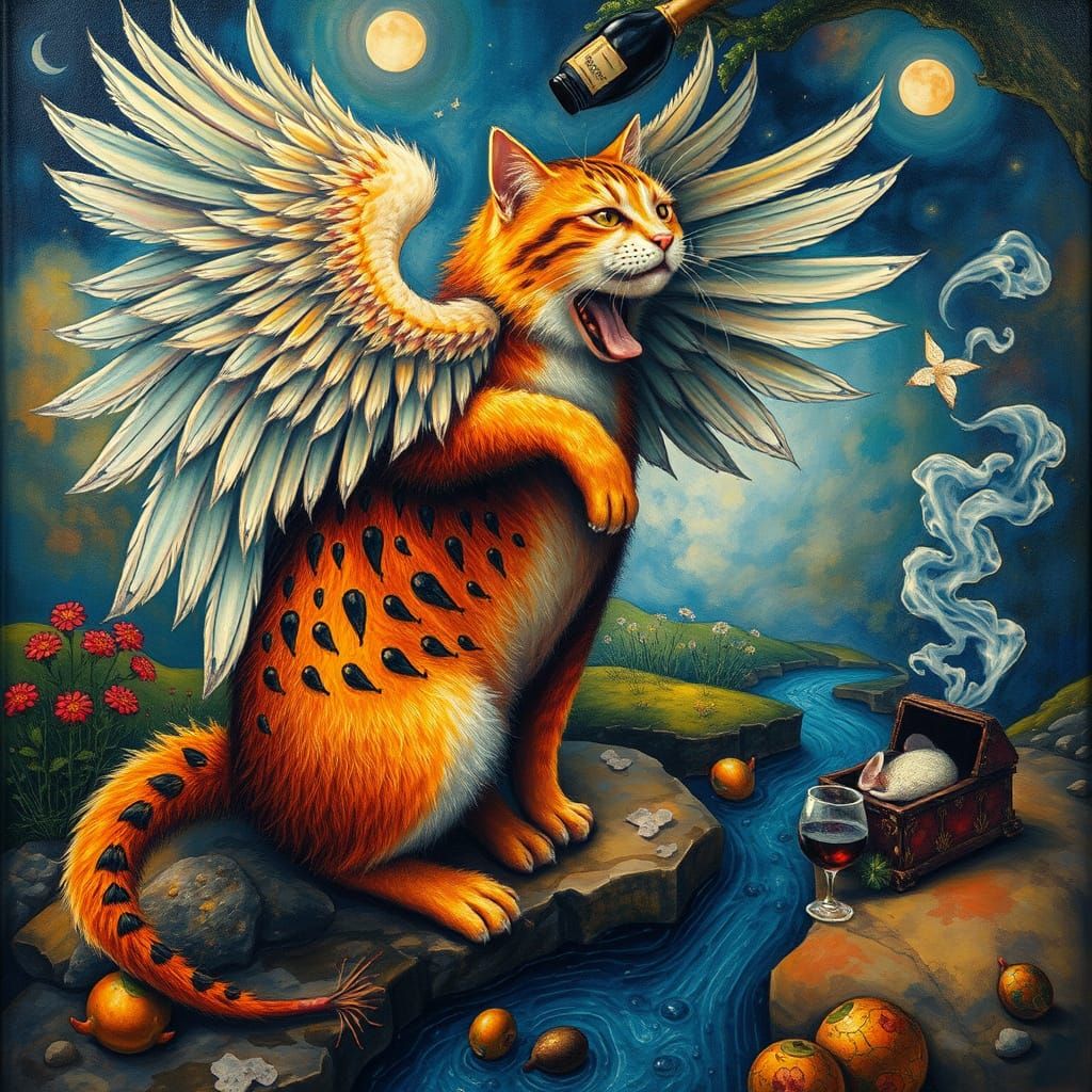Cat with Wings in Dreamlike Landscape