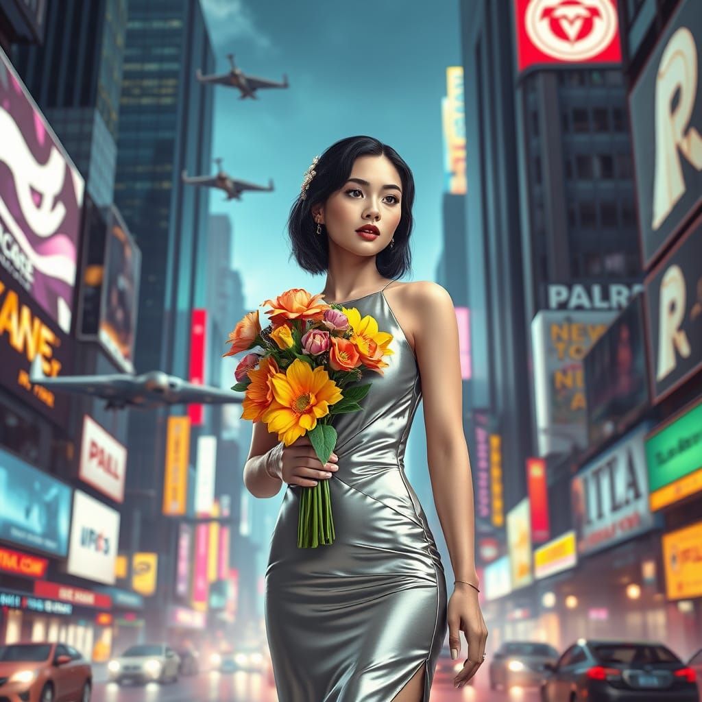 Retrofuturistic Tradwife in Cyberpunk Metropolis