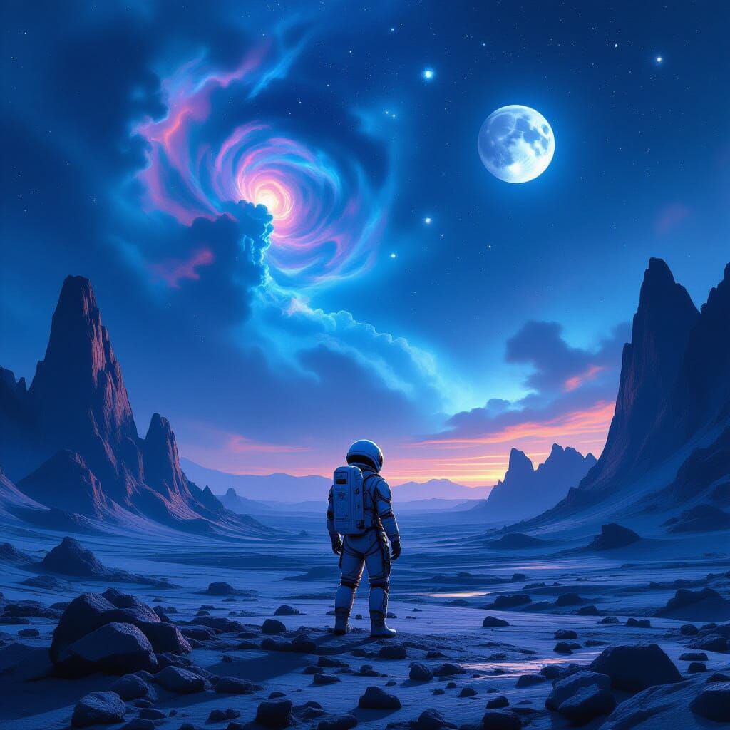 Astronaut on Alien Planet Under Cosmic Sky