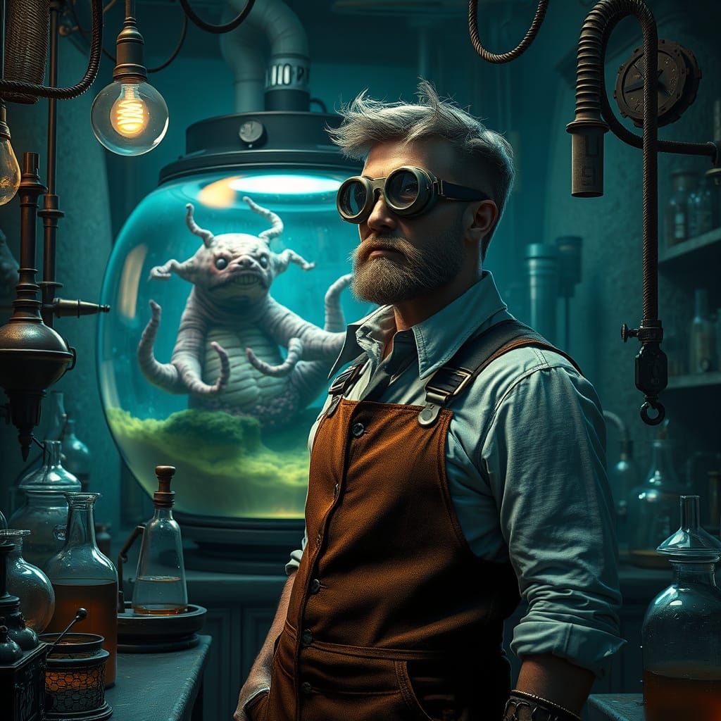 Steampunk Alchemist in a Clockwork Laboratory of Wonder