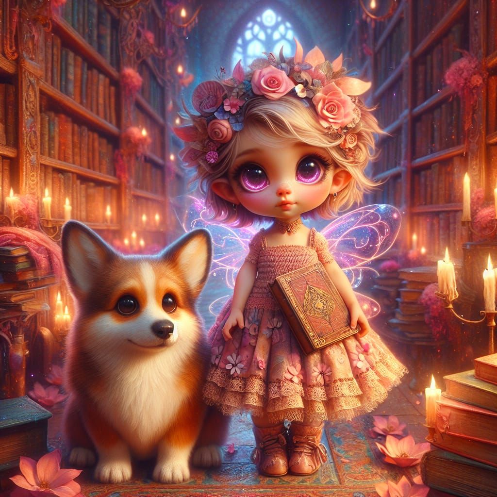 Gnome and Corgi in Enchanted Library