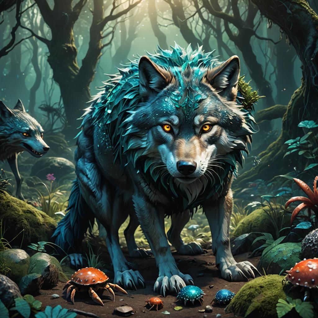 Mystic Forest: Wolf and Crab Fantasy Art