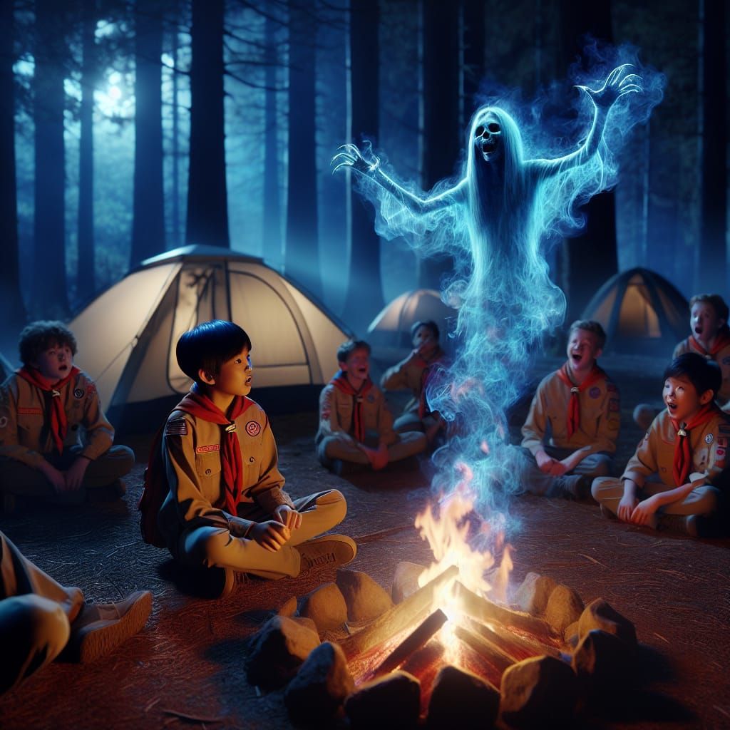 Terrified Scouts Tell Ghost Stories in Dark Forest