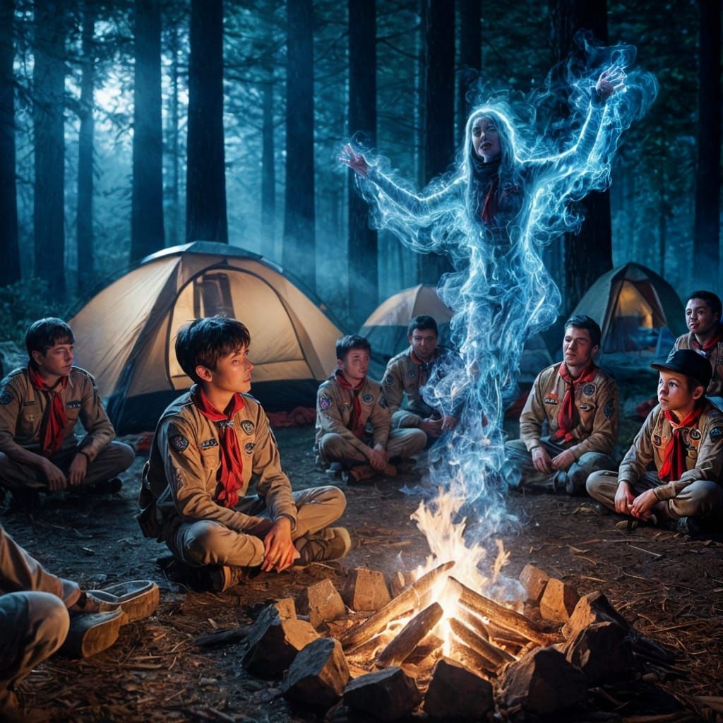 Terrified Scouts Tell Ghost Stories Around Campfire