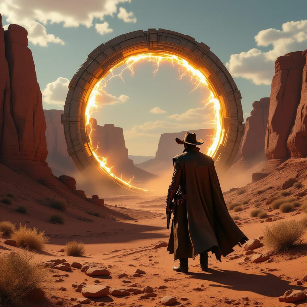 Gunslinger at Canyon's Edge with Portal, Surreal Western
