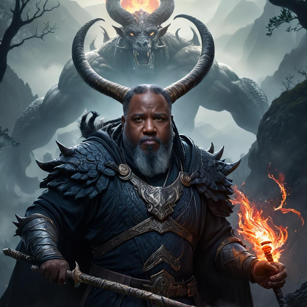 Warrior Wizard and Dragon in Dark Fantasy Landscape