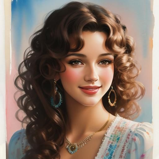 Watercolor Painting of Woman with Hypercurly Hair