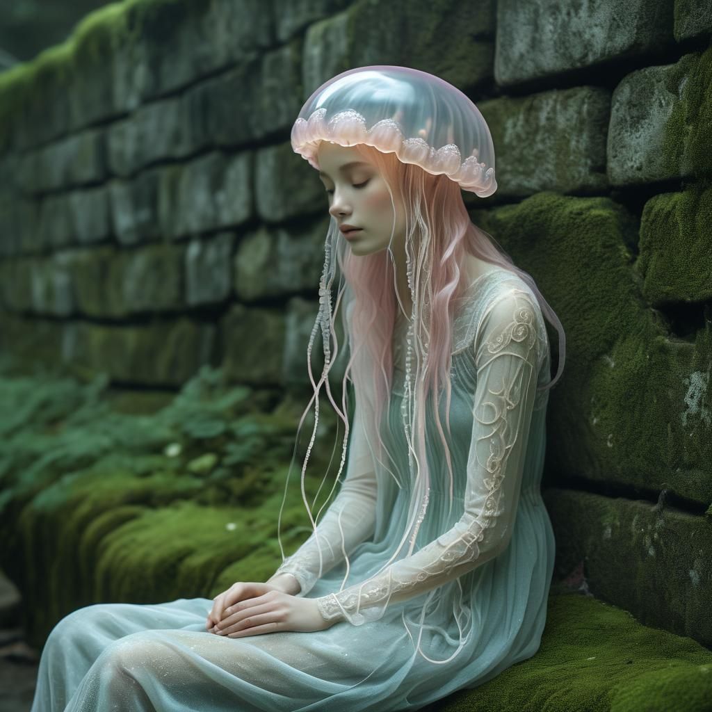 Anthropomorphic Jellyfish Woman in Dreamlike Contemplation