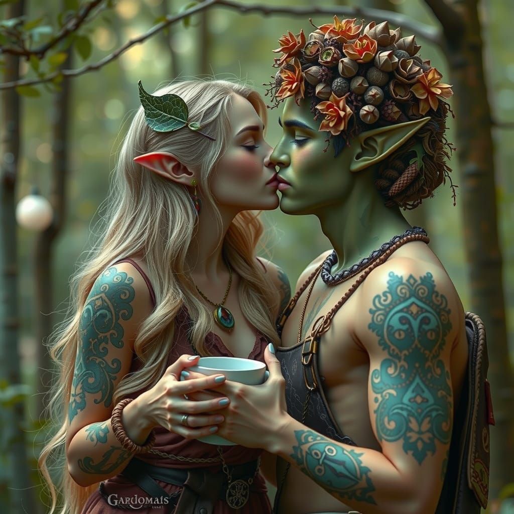 Elf Love: A Kiss in the Style of Alphonse Mucha