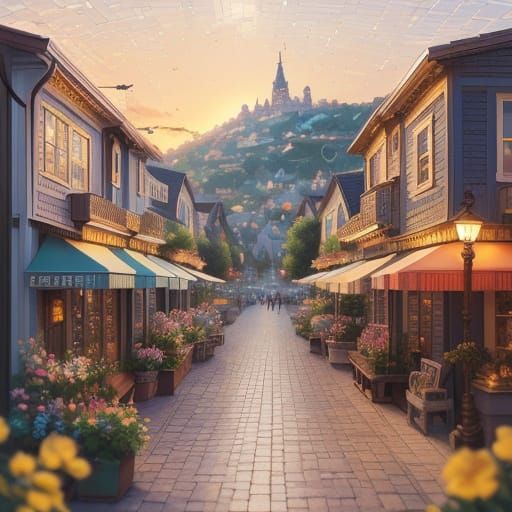 Whimsical Miniature Cityscape in Vibrant Watercolor Style