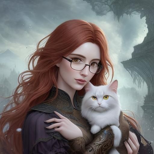 Ethereal Auburn Girl with Calico Cat: Fantasy Art