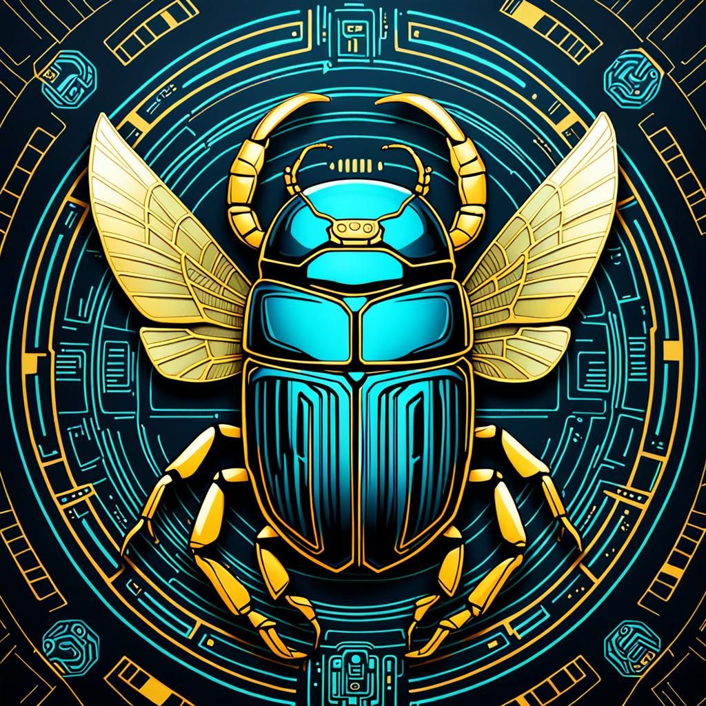 Cyberpunk Scarab Beetle with Hieroglyphs