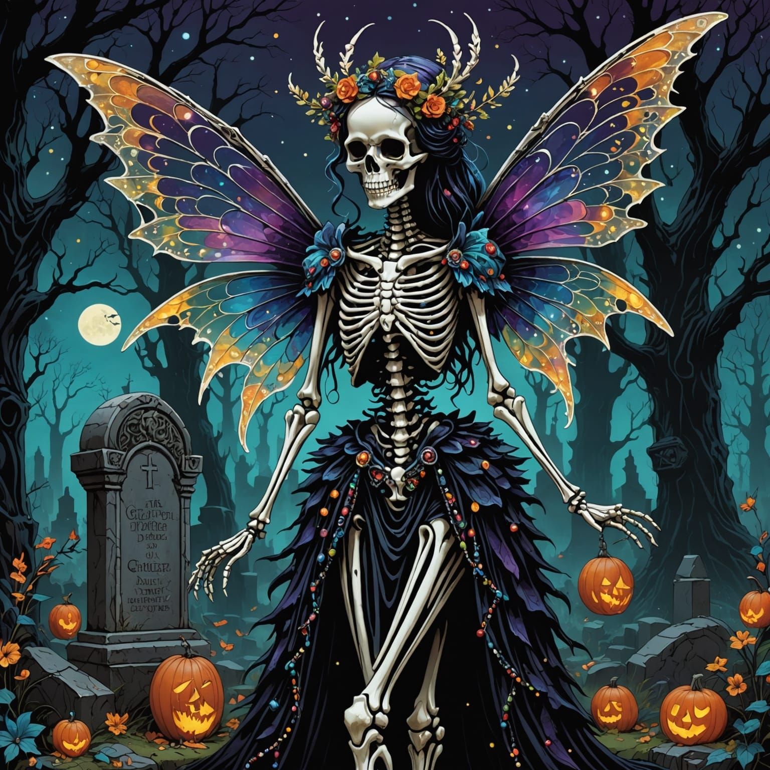 Skeleton Fairy Dances in Graveyard, Gothic Beadwork Art