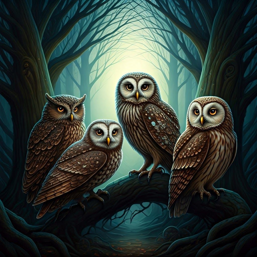 Moonlit Gathering of Owls in a Haunted Forest