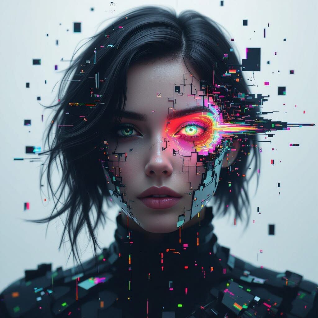 Digital Muse Disintegrating in Cyberpunk Style