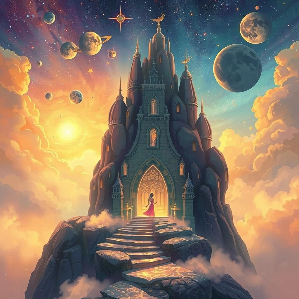 Ethereal Fantasy Scene in Holographic Mixed Media