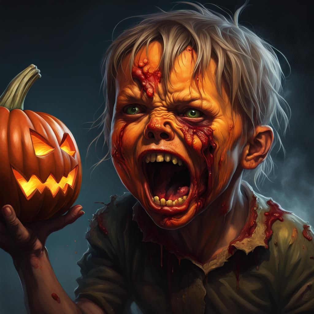 Spooky Halloween Zombie Pumpkin Eats Child: Hyperrealistic A...