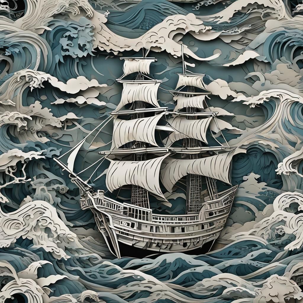 Kirigami Pirate Ship Sailing into Storm, Japanese Style
