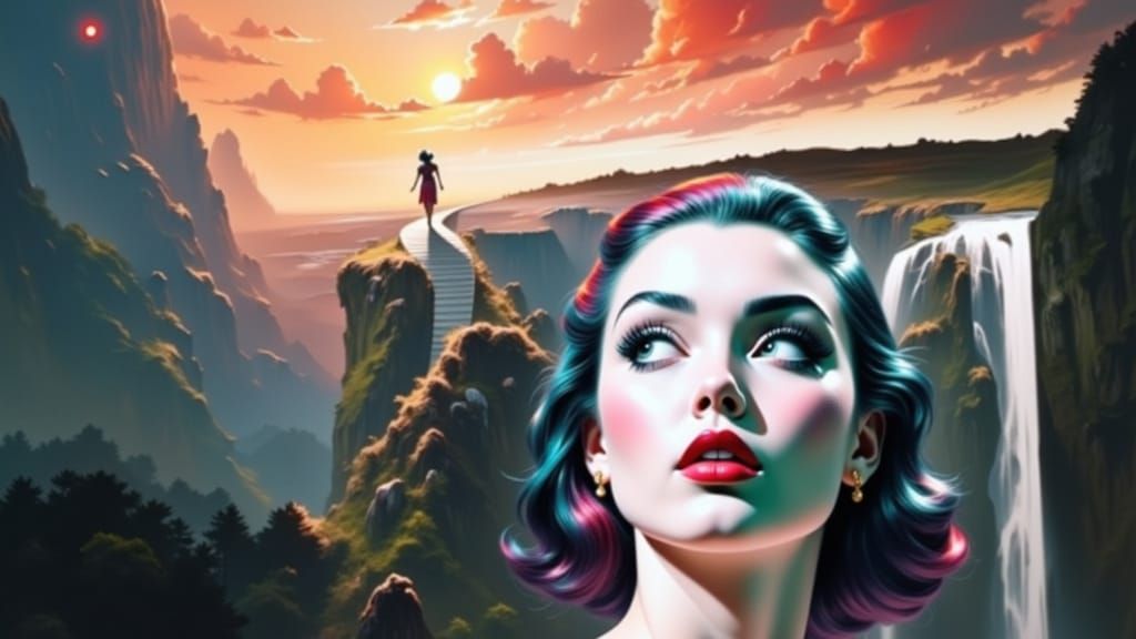 1950s Pinup Girl in Neon Sunset Amidst Destruction