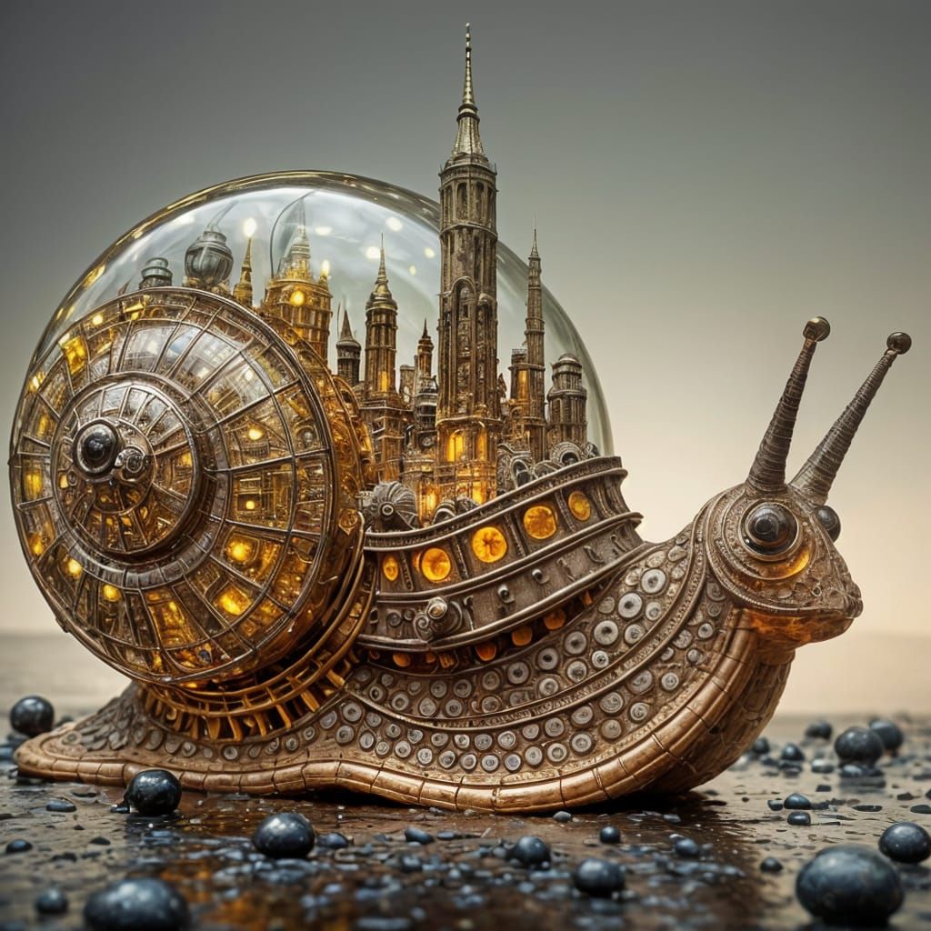 Steampunk Glass Snail with Miniature City Aquarium