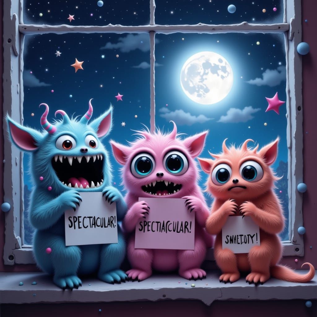 Playful Monsters Gaze at Starry Night Sky