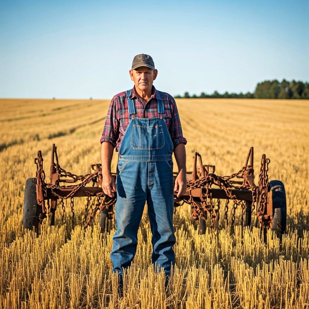 Weathered Farmer in Golden Field with Discarded Yokes