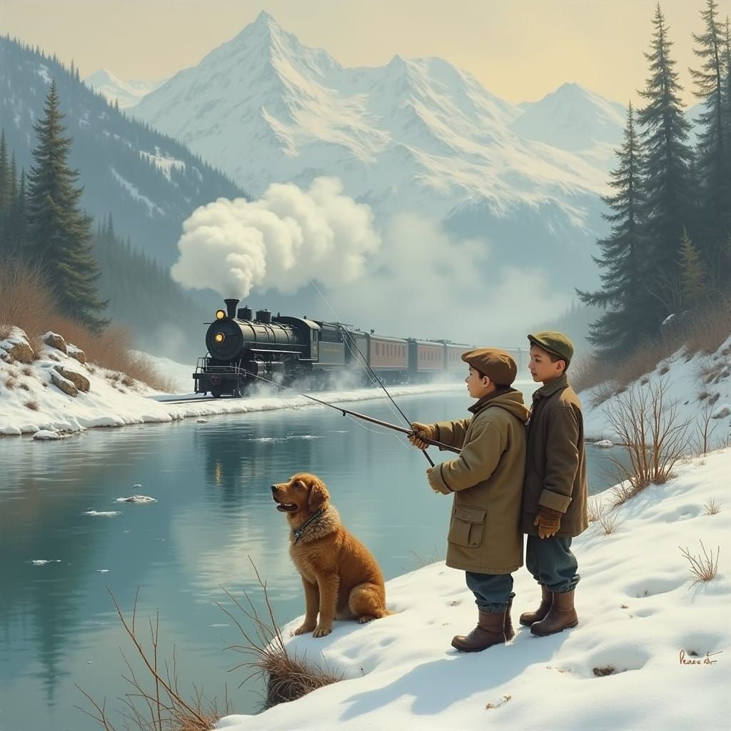 Two Young Boys Fish with Vintage Steam Locomotive in the Mou...