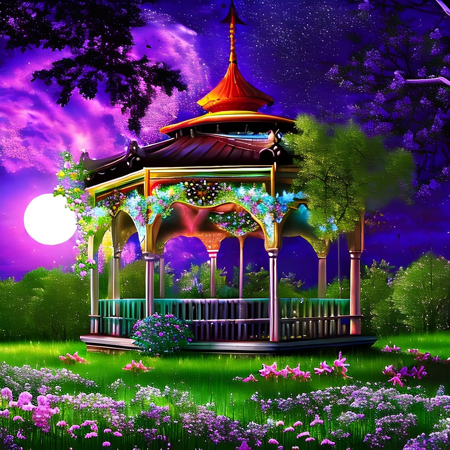 Cozy Spring Gazebo Under a Starry Night Sky