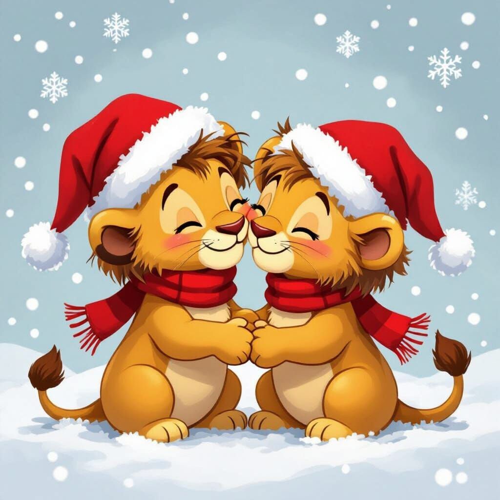 Two Adorable Cartoon Lions Kissing in Snow