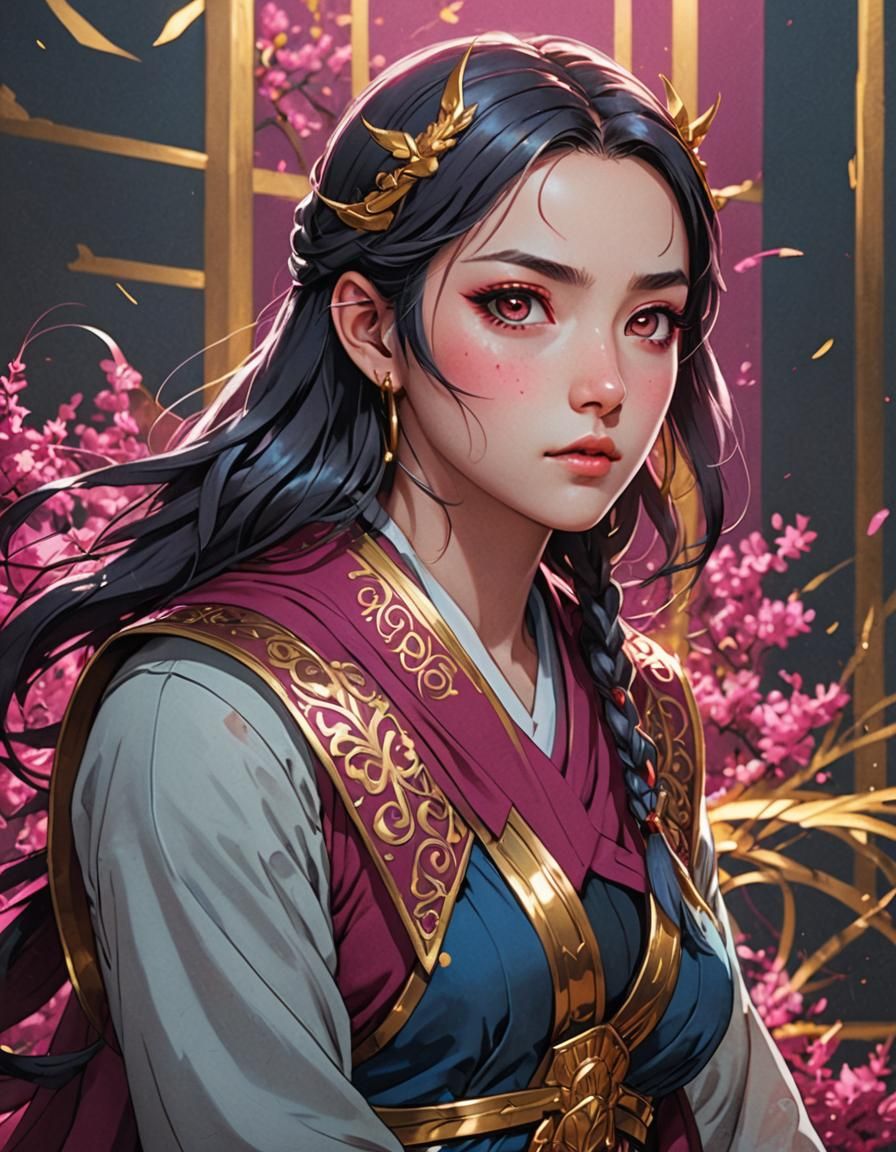 Anime Portrait in Magenta and Gold Tones