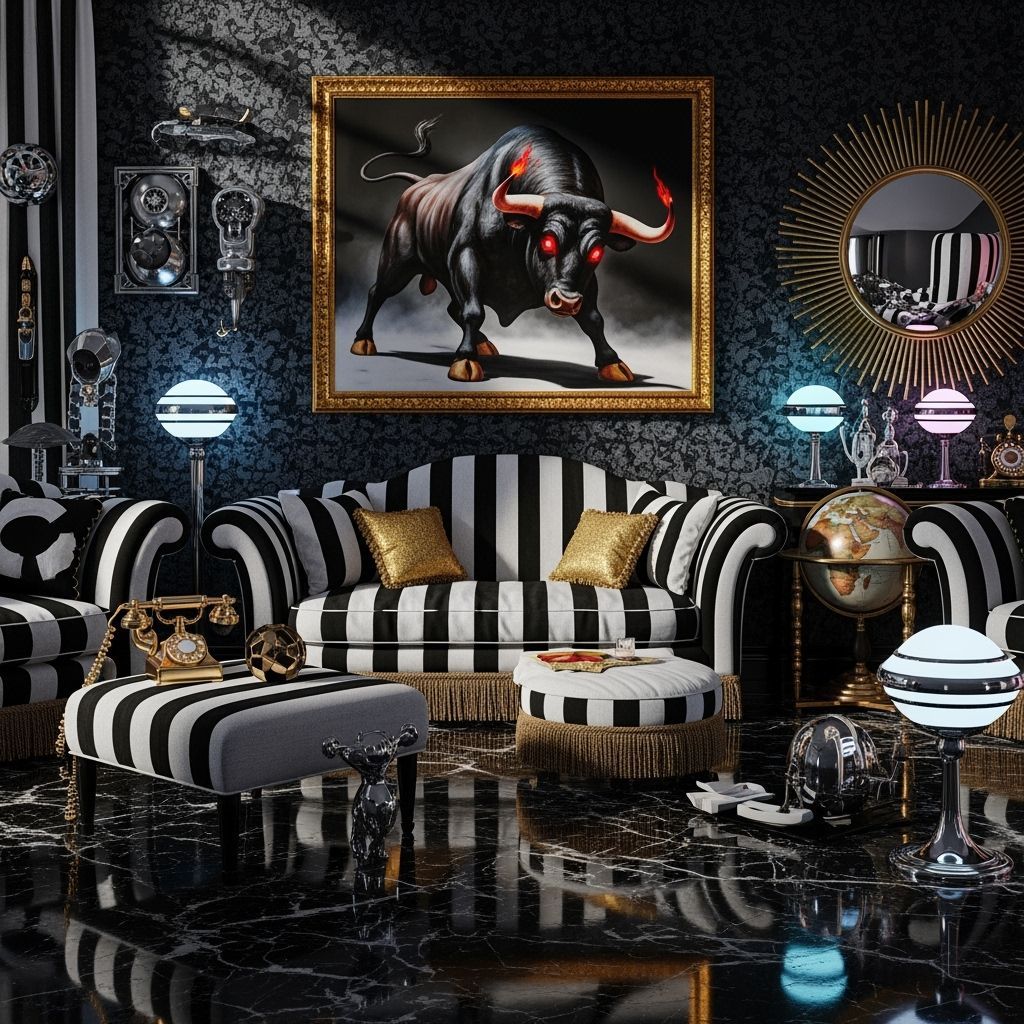 Kitsch Noir Living Room with Striking Bull Painting