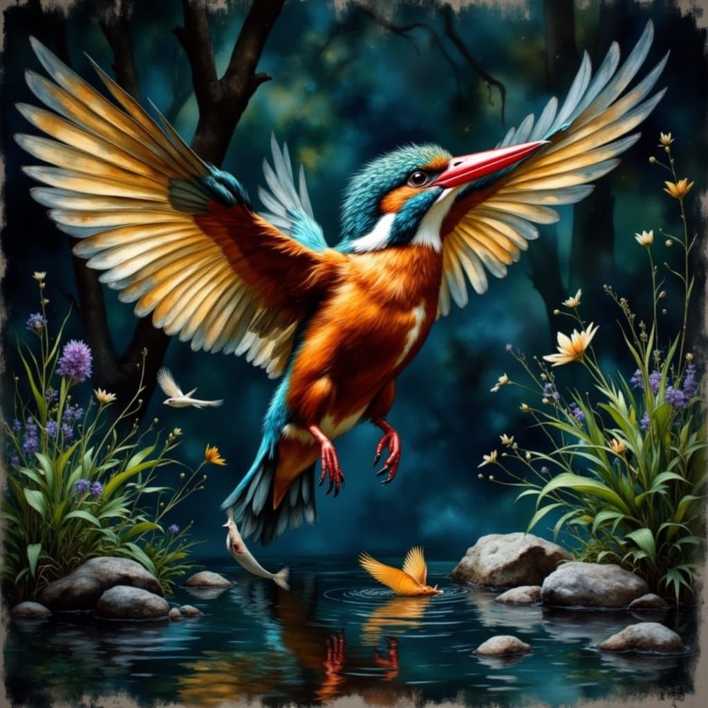 Kingfisher Dives for Prey in Vibrant Watercolor