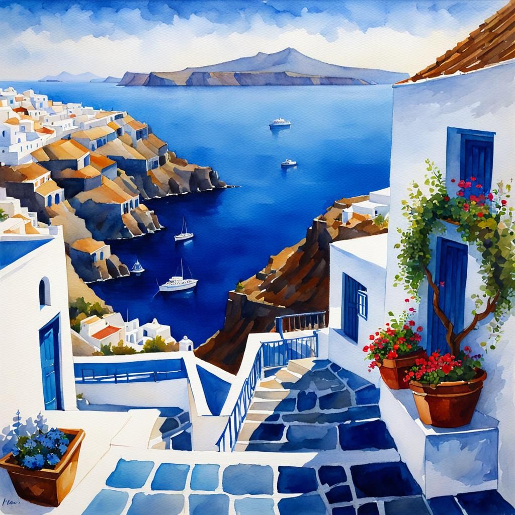Santorini Greece in Realistic Watercolor Style