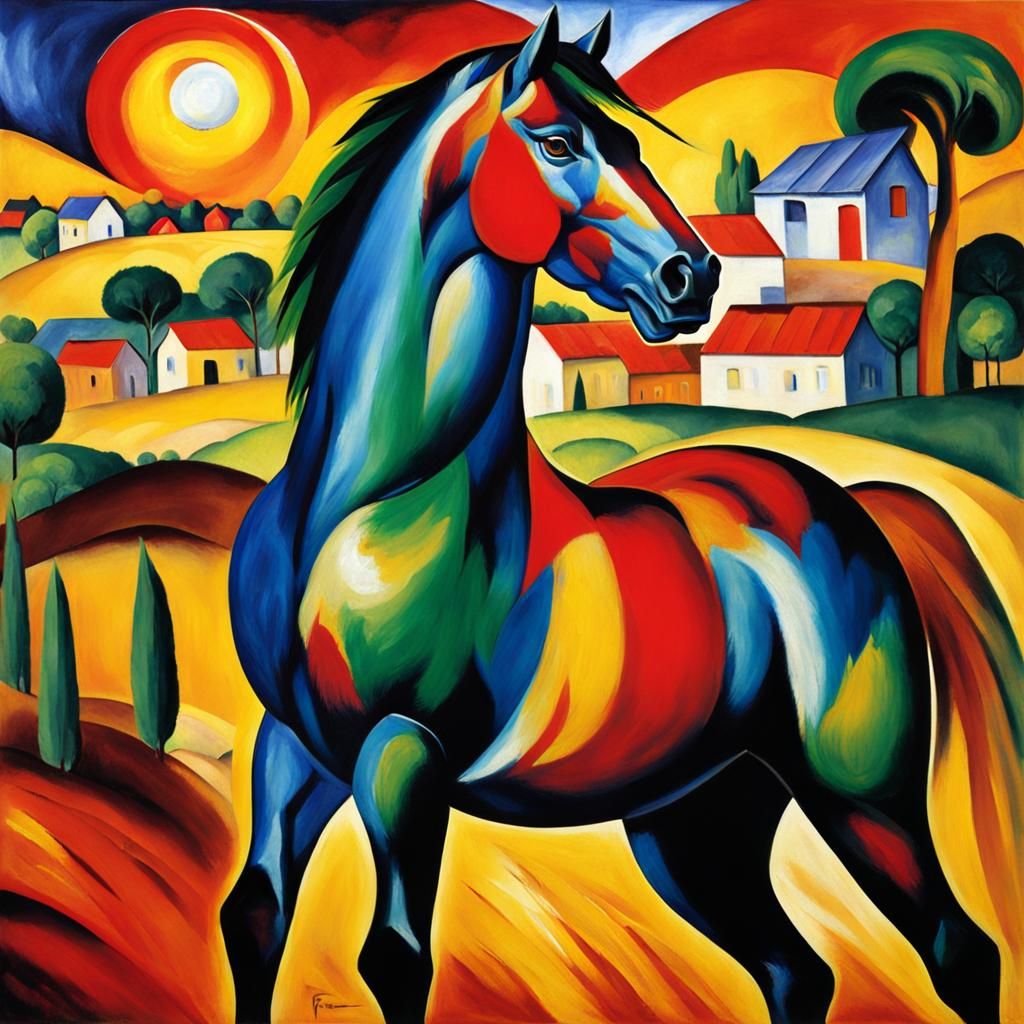 Colorful Horse Portrait in Vibrant Village, Oil Painting