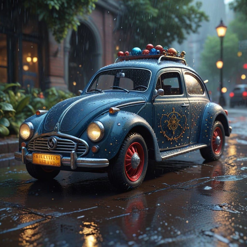 Surreal Toy Car Marvels in Sparkling Rainfall Scene