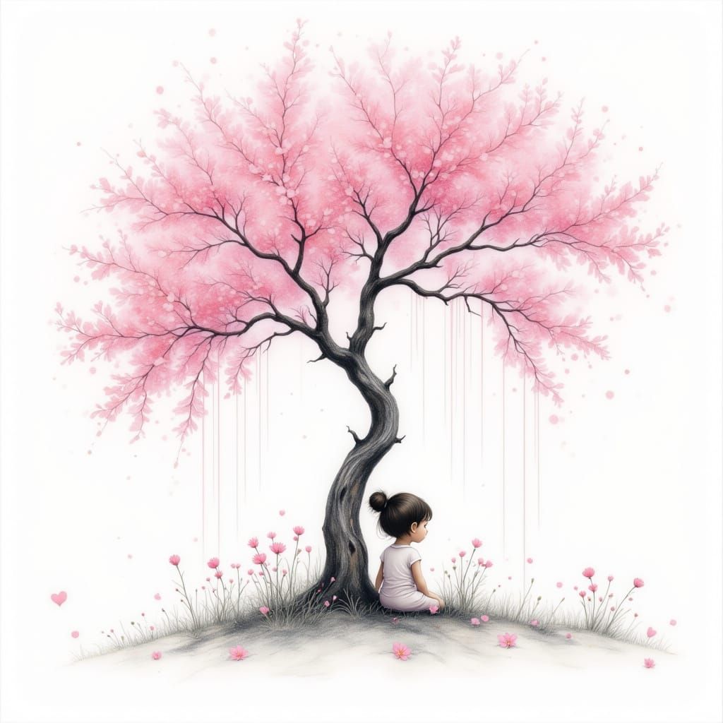 Pink Rainstorm Highlights Girl in Pencil Drawing