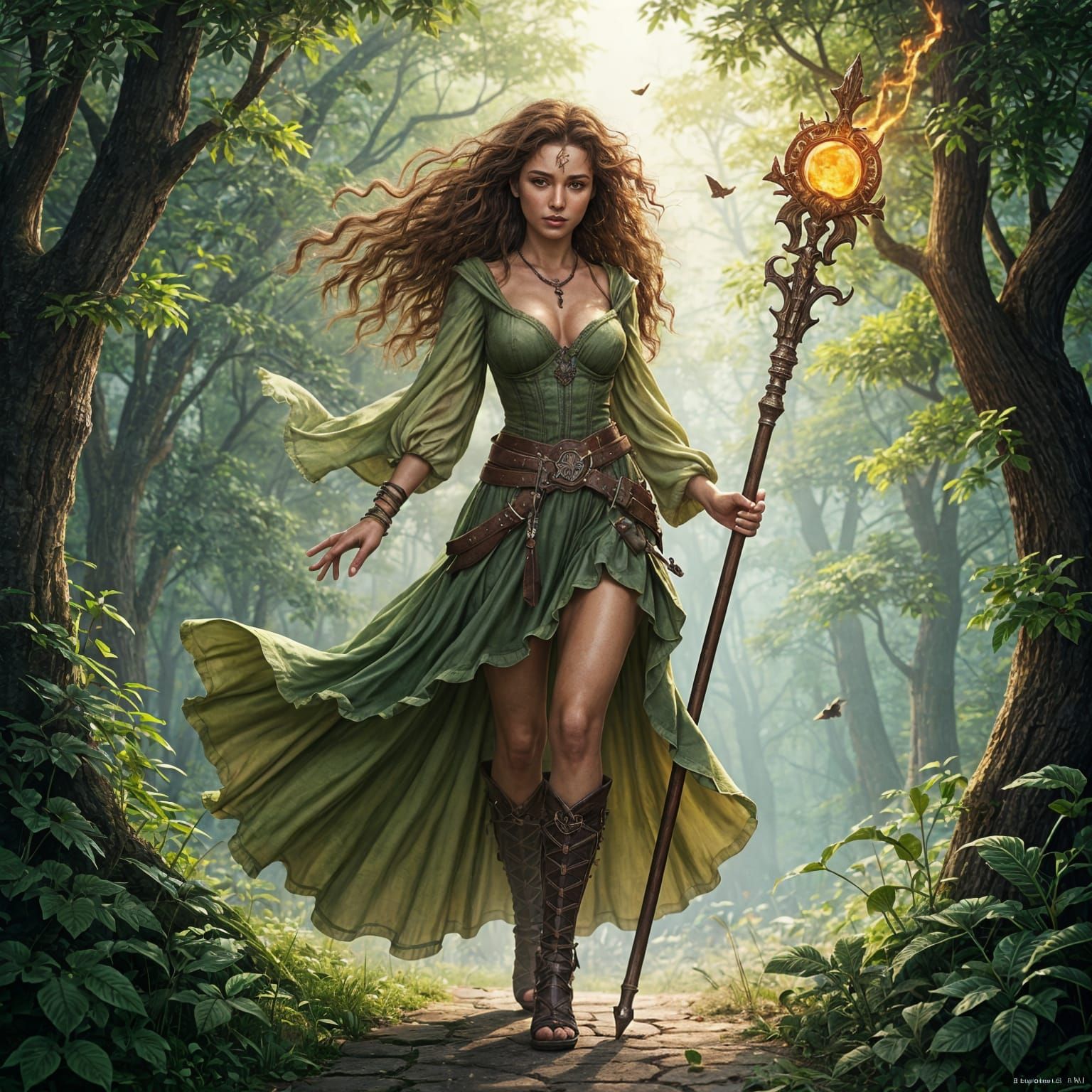 DnD Elemental Mage with Magic Staff in Forest
