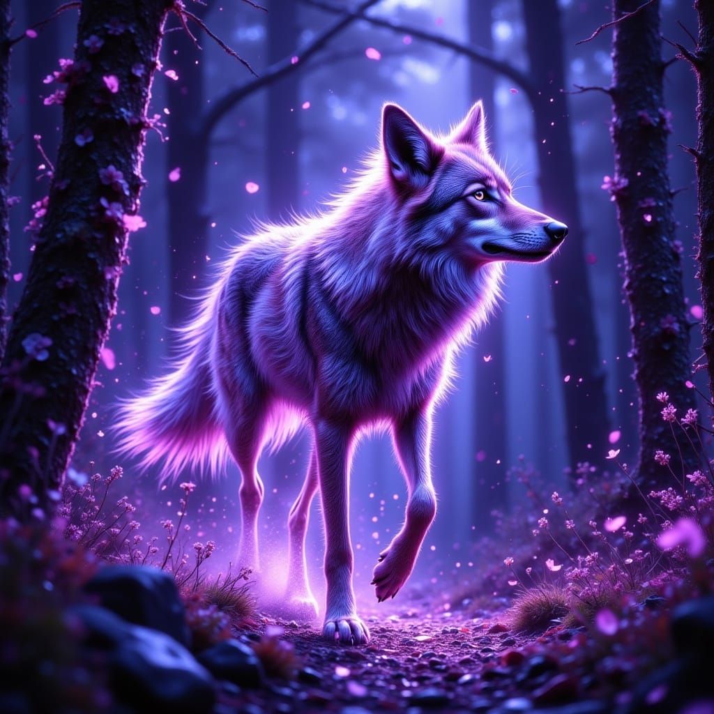 Bioluminescent Wolf Spirit in Enchanted Forest