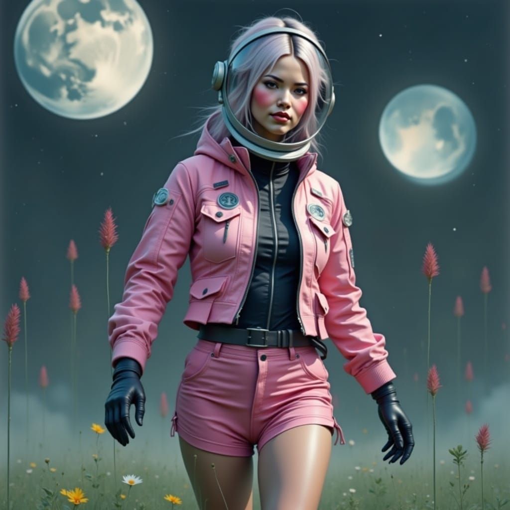 <lora:Happy Jambalaya:1.0> A tall purple hair astronaut woman, wearing a space helmet, a pink short astronaut jacket and...