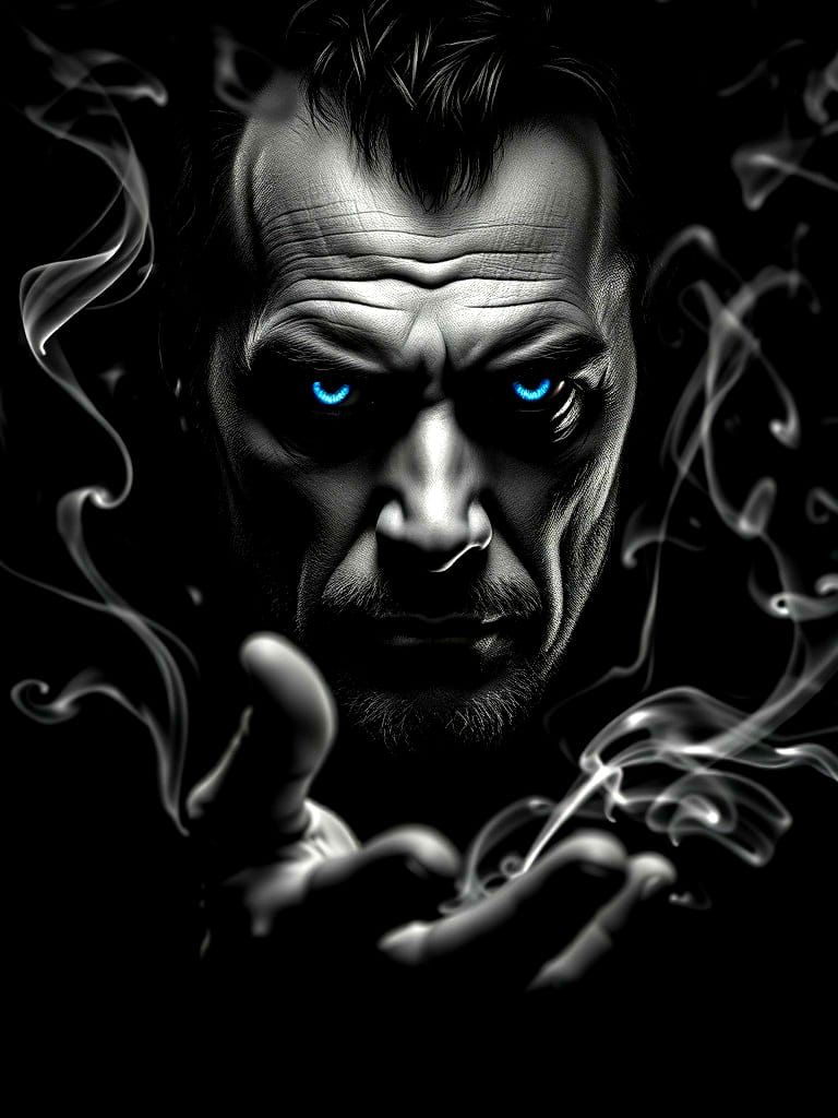 Monochromatic Portrait with Intense Gaze and Smoke