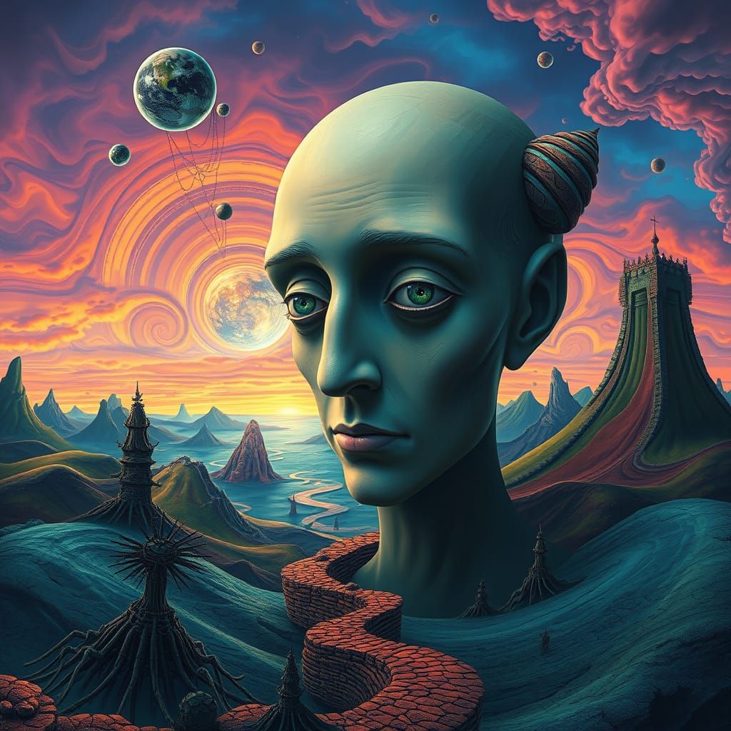 Surreal Landscape Reveals Humanoid Face in Vibrant, Iridesce...